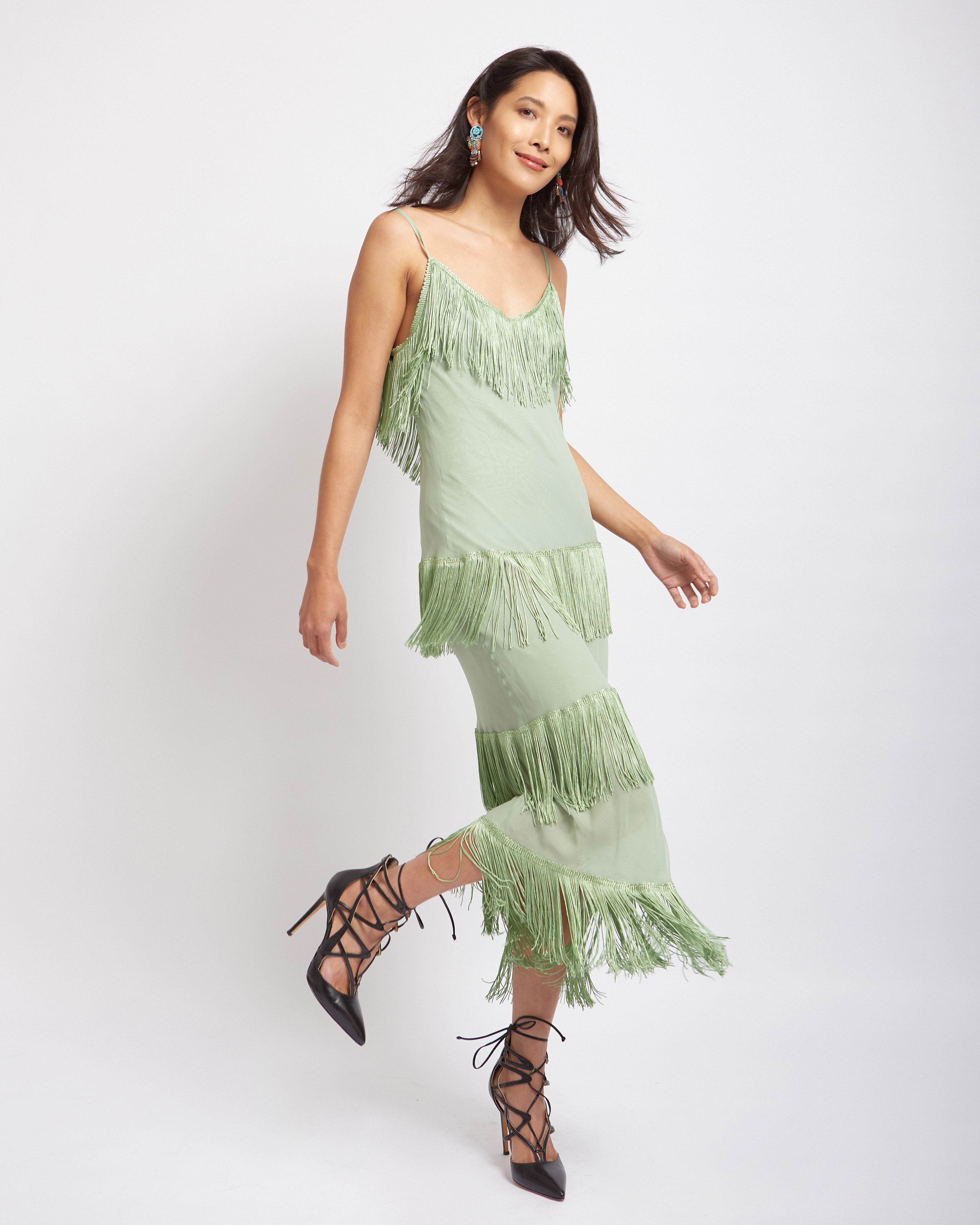 80's Norma Kamali Green Fringe Dress TheFindVintage 80's Norma Kamali Green Fringe Dress TheFindVintage